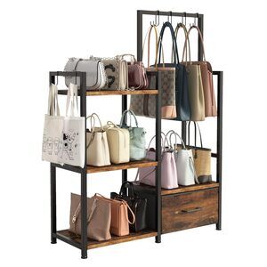 2254 Handbag Organizer - 3 Tier Purse Storage Rack with Pull Out Drawer & 6
